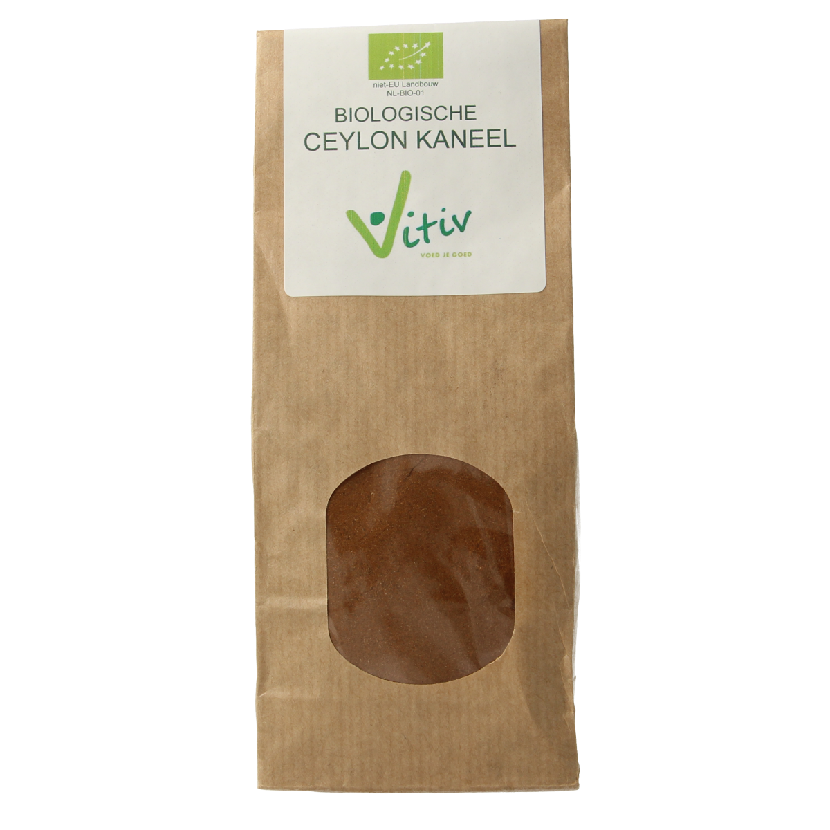 Vitiv Ceylon kaneel poeder bio 100g, organic cinnamon powder from Vitiv, shown in a clear container with cinnamon sticks.