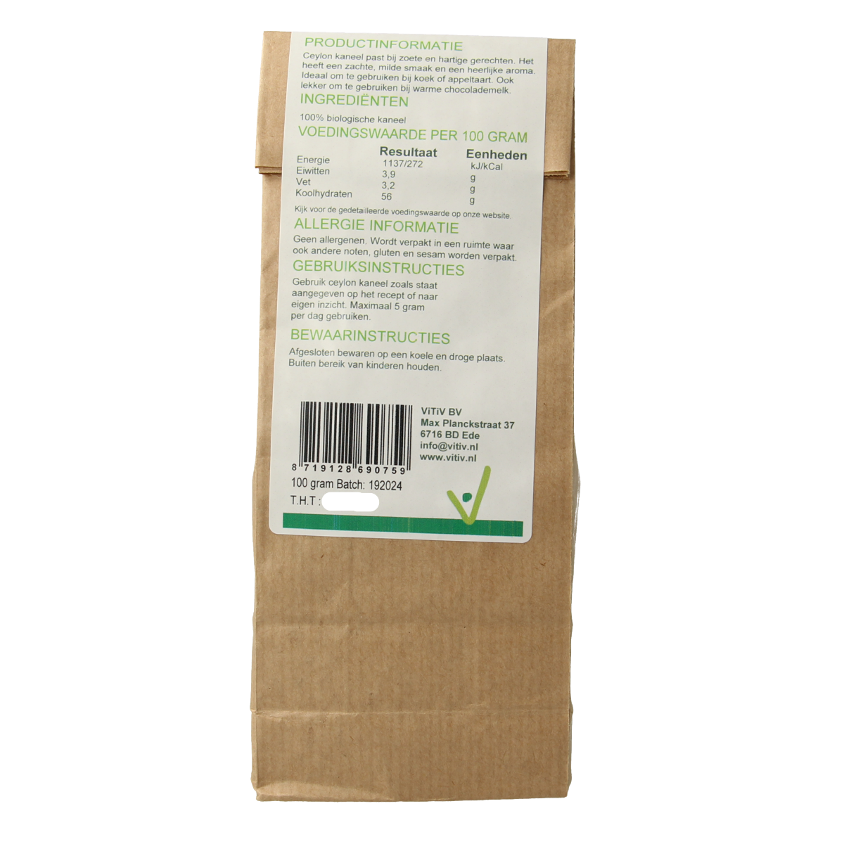 Vitiv Ceylon kaneel poeder bio, 100g, organic cinnamon spice in a clear container, part of kruiden, zouten en maaltijdmixen collection