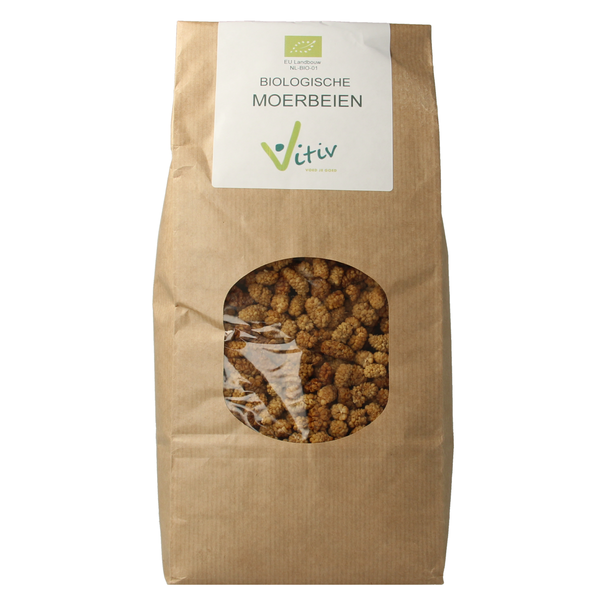 Vitiv organic mulberries in a 1kg package, raw superfood, with fresh, dark purple berries visible in the image.