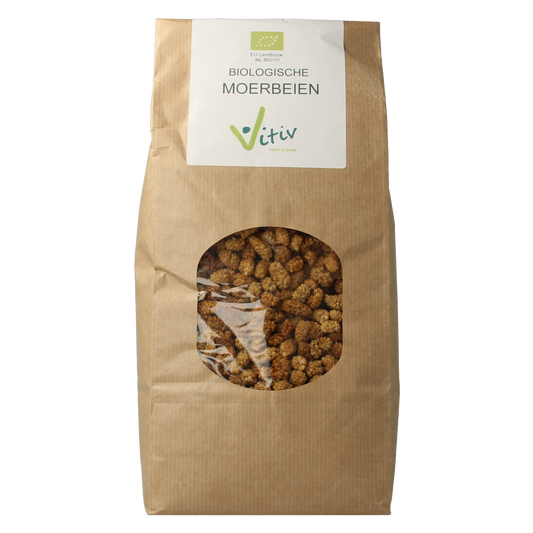 Vitiv organic mulberries in a 1kg package, raw superfood, with fresh, dark purple berries visible in the image.