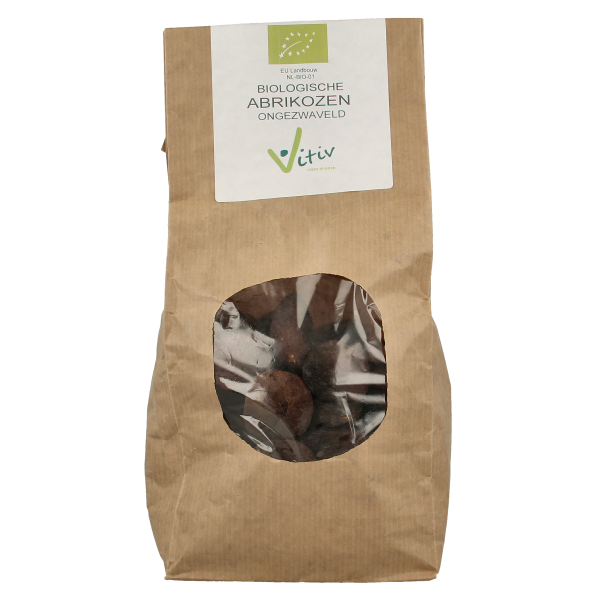 Vitiv organic apricots in a 1kg bag, fresh and unpitted, shown in a close-up image of the fruit.