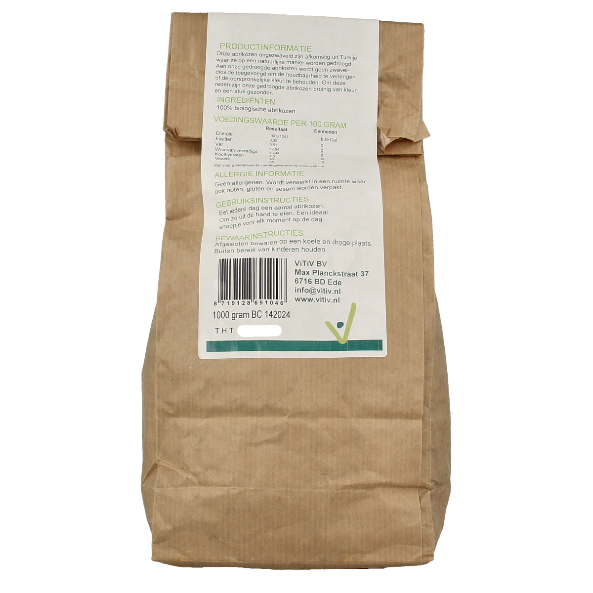 Vitiv bio abrikozen zonder pit, 1 kg, fresh and ripe dried apricots in a clear packaging.
