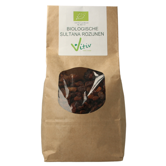 Vitiv Sultana rozijnen bio in 1kg package, dried organic grapes, ideal for snacking and baking.