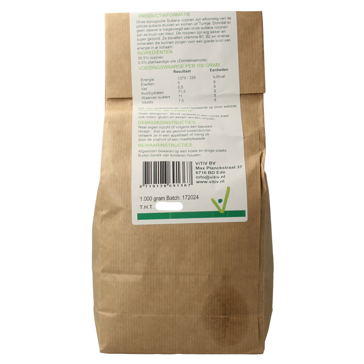 Vitiv Sultana rozijnen bio in 1kg pack, organic dried sultana grapes for baking and snacking.
