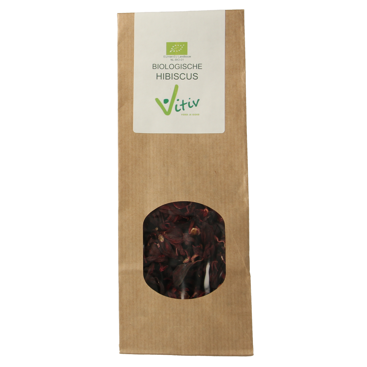 Vitiv Hibiscus bio 50g herbal spice in a clear jar, showing vibrant red hibiscus flowers and fresh dried petals.