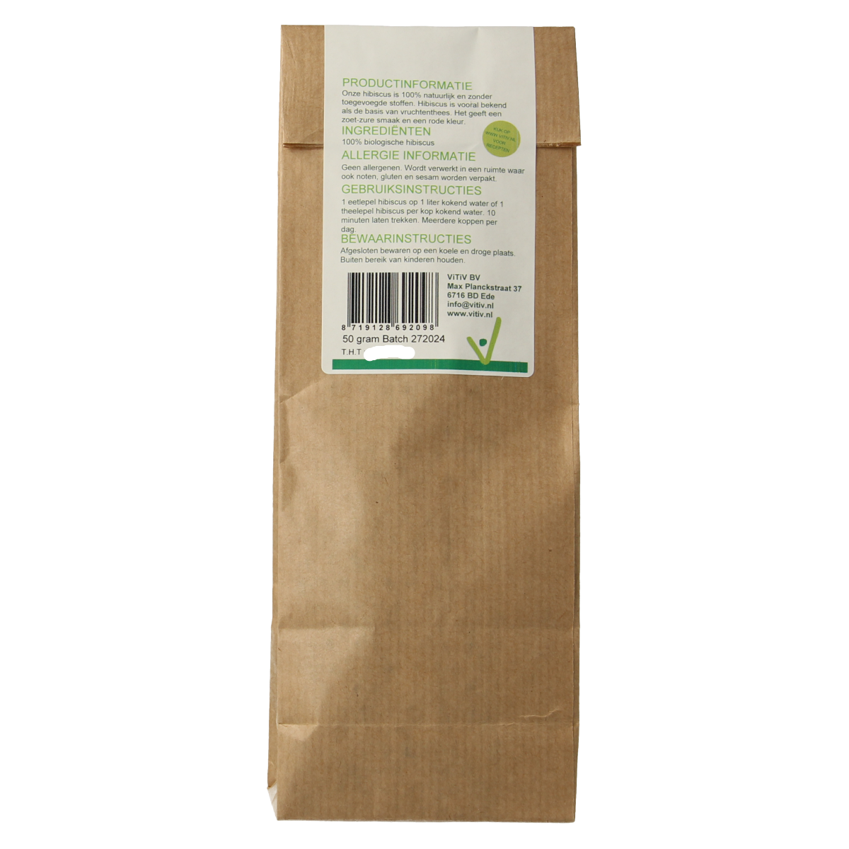 Vitiv Hibiscus bio herbal mix package with colorful hibiscus flowers and ingredients, 50 grams, natural and organic product.