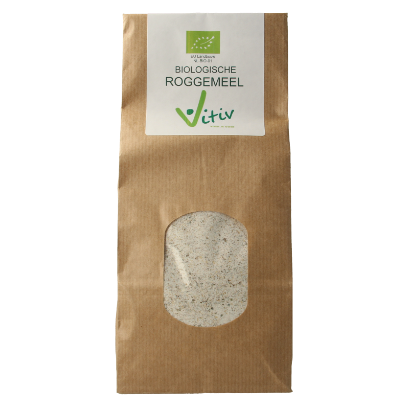Vitiv Roggemeel bio 500g organic rye flour in a clear package, showing the product label and branding.