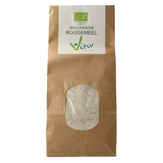 Vitiv Roggemeel bio 500g organic rye flour in a clear package, showing the product label and branding.