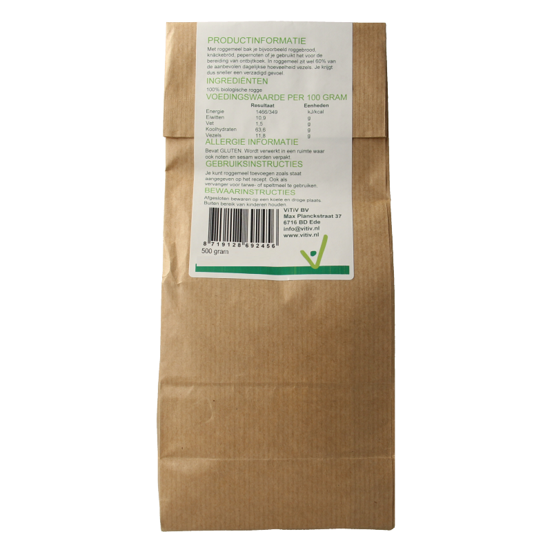 Vitiv Roggemeel bio bakmixen en Melen 500g package, organic whole spelt flour in a resealable bag