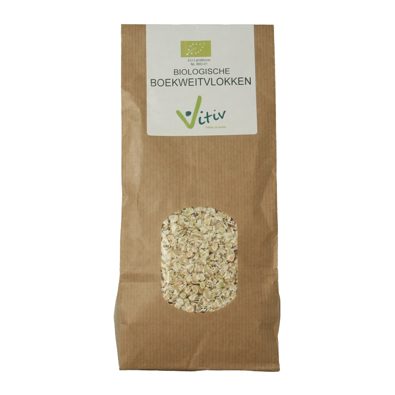 Vitiv organic buckwheat flakes in a 500g package, natural breakfast cereal with a close-up of the product packaging.