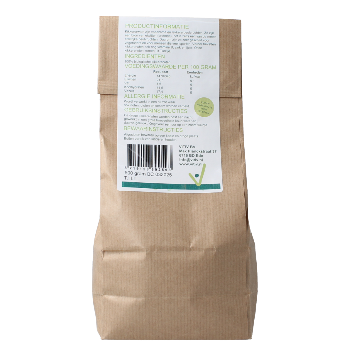 Vitiv bio kikkererwten in een 500 gram verpakking, biologische groente en fruit product, klaar voor koken of gebruik.