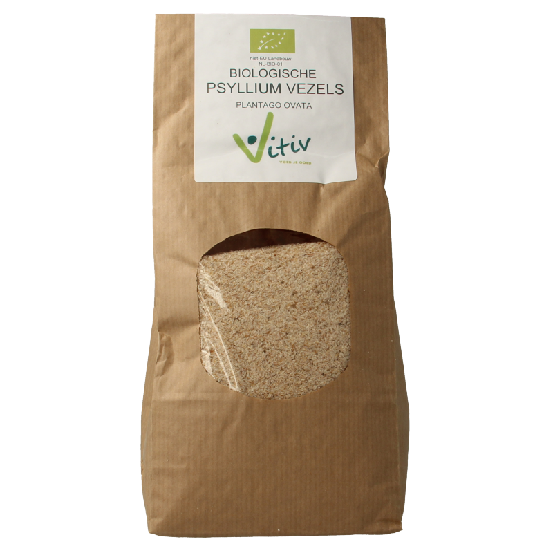 Vitiv Psyllium vezels bio in 500g package, shown in a natural setting with breakfast grains or cereals.
