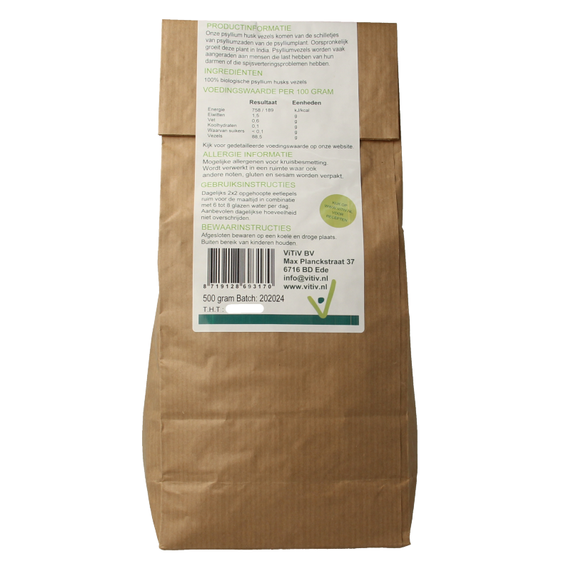 Vitiv Psyllium vezels bio in a 500g package, natural breakfast grains with high fiber content, shown in the image.