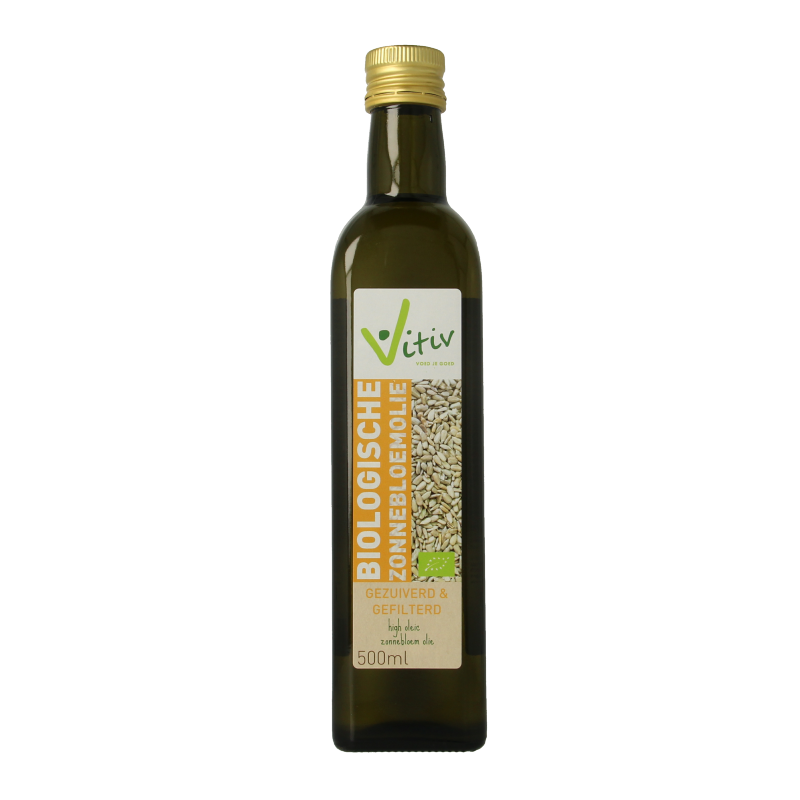 Vitiv bio sunflower oil bottle, 500ml, in a clear glass container with a yellow cap, labeled for cooking and salad use.