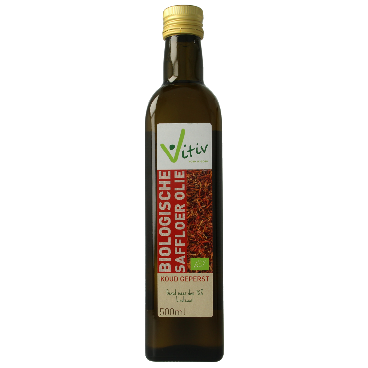 Vitiv Safflower Oil bio 500ml bottle, natural golden saffloerolie with a clear label, in a glass bottle on a white background.