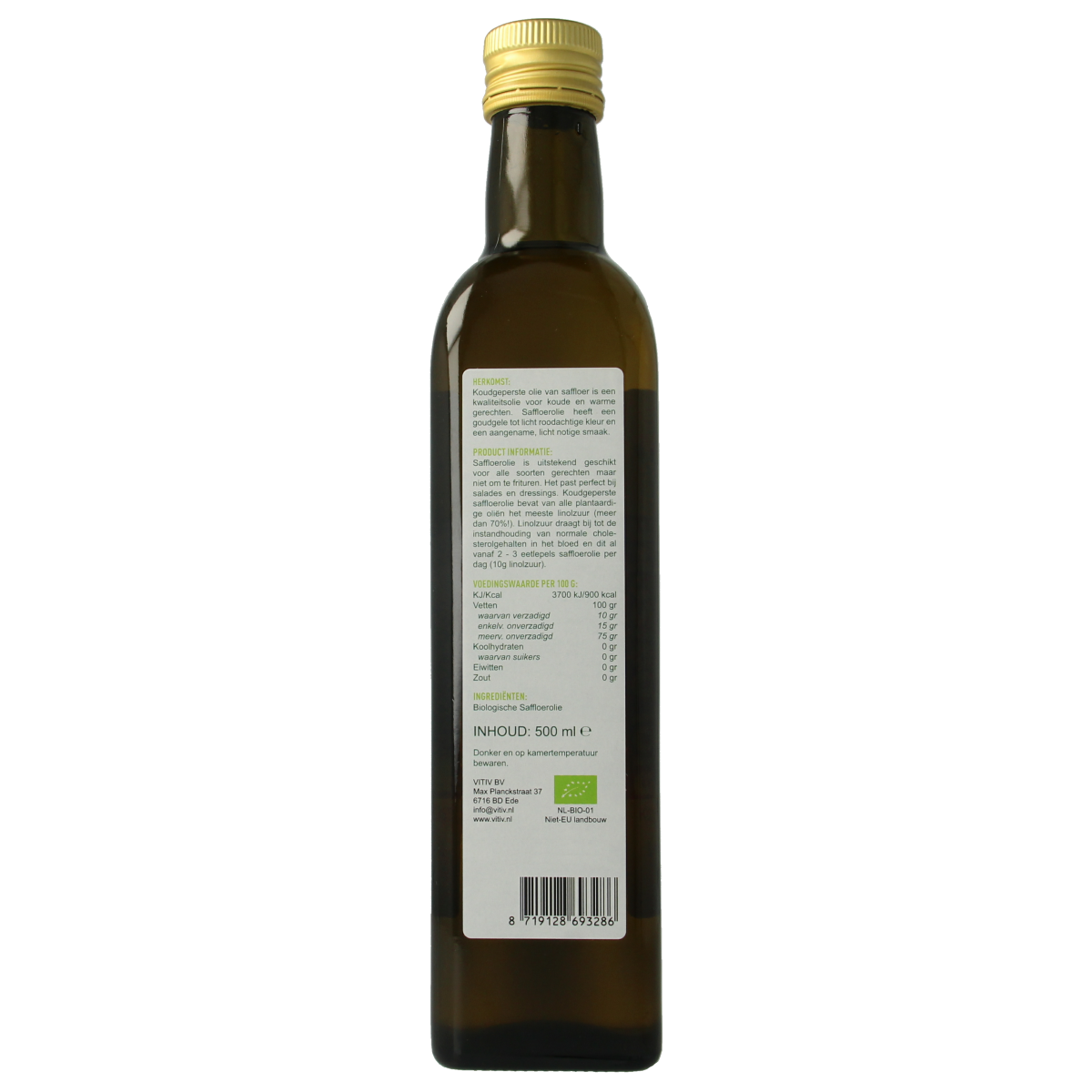 Vitiv Saffloerolie bio in 500ml bottle, golden flaxseed oil, natural and organic, for cooking and salads.