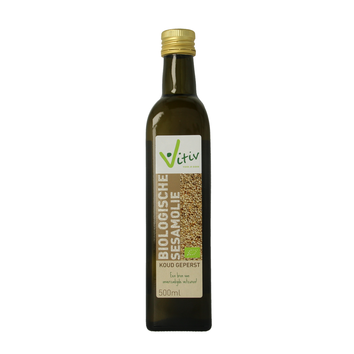 Vitiv bio sesame oil bottle, 500ml, natural sesame oil in a clear glass bottle with a label, for cooking and dressings.
