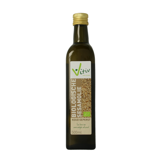 Vitiv bio sesame oil bottle, 500ml, natural sesame oil in a clear glass bottle with a label, for cooking and dressings.