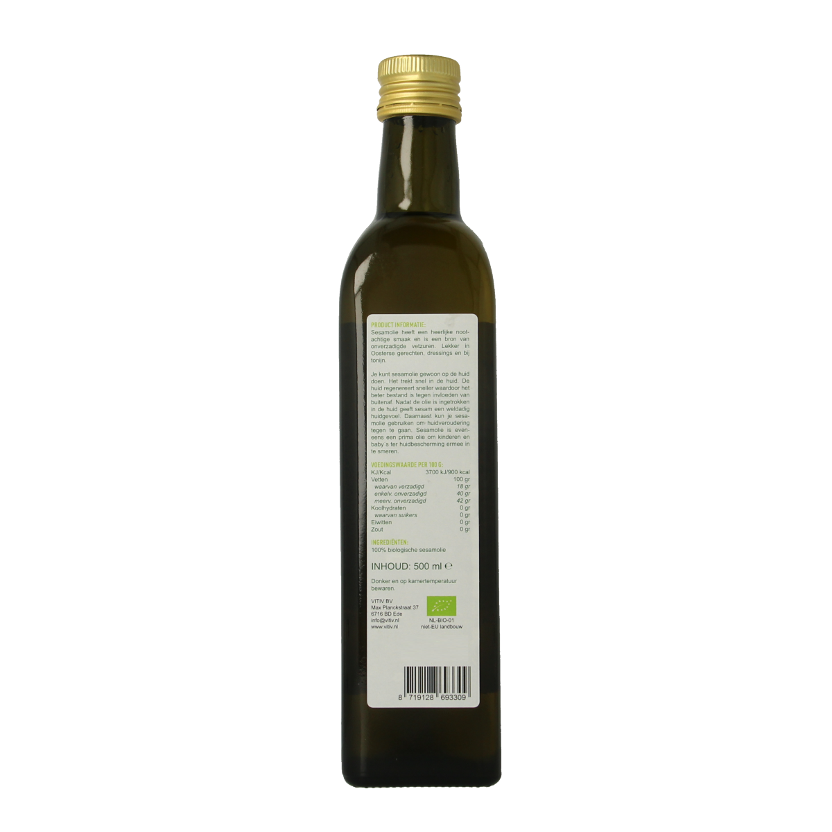Vitiv bio sesamolie in a 500ml bottle, natural sesame oil for cooking and health, shown in a clear container.