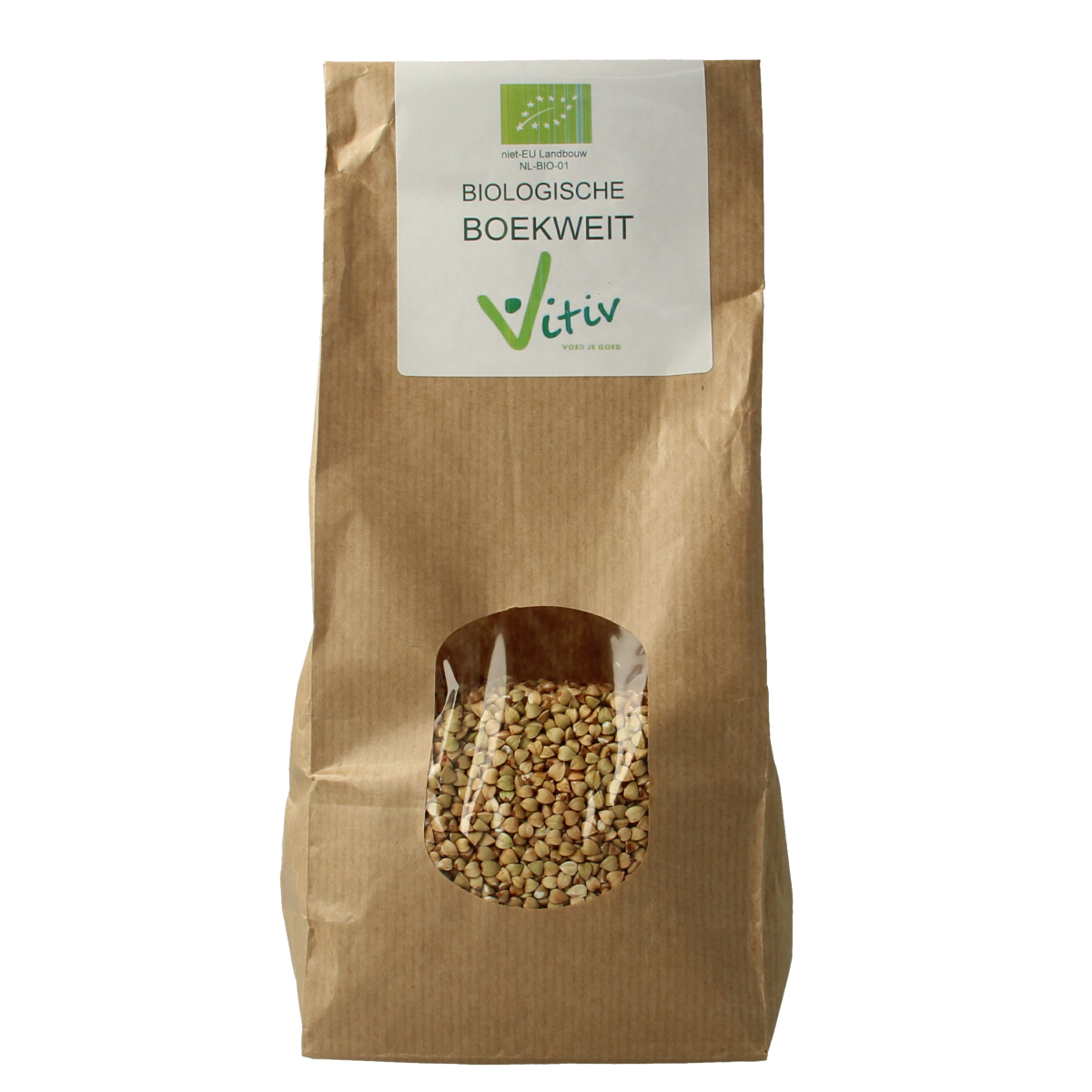 Vitiv Boekweit bio raw superfood in 500g package, close-up of organic buckwheat grains on a white background