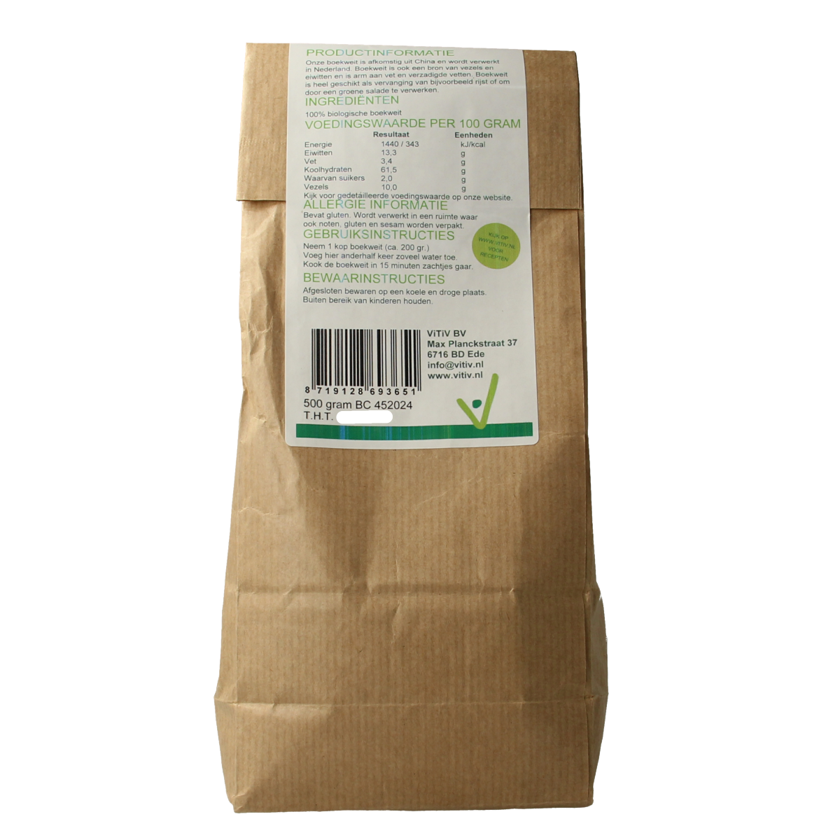 Vitiv Boekweit bio, 500g, raw superfood package showing whole buckwheat grains in a natural setting.