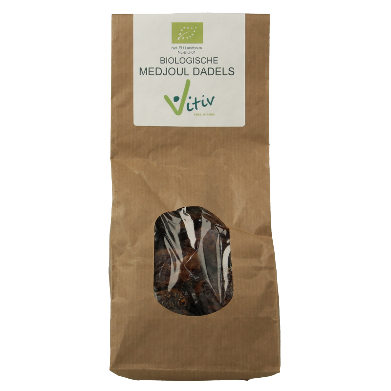 Organic Medjoul dates from Vitiv, 500 grams, shown in a clear image with fresh, plump, dark brown Medjoul dates.
