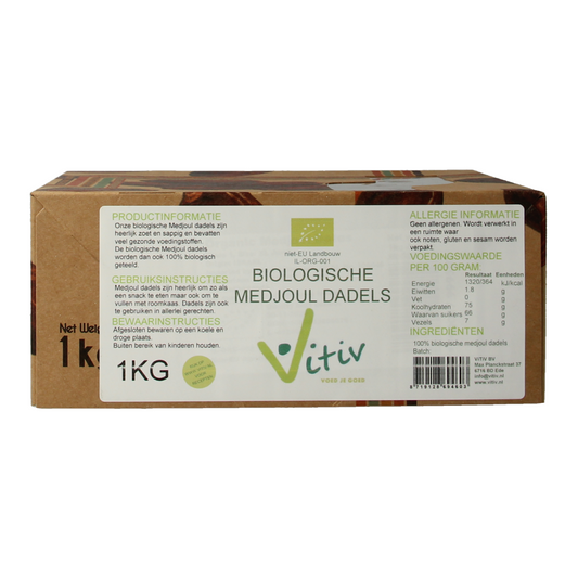 Vitiv Medjoul dadels in a 1kg organic box, showcasing plump, sweet Medjoul dates from the Vitiv brand.