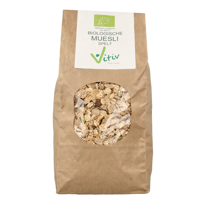 Vitiv bio spelt muesli breakfast cereal in a 1kg package, natural whole grain Ontbijtgranen with healthy ingredients.