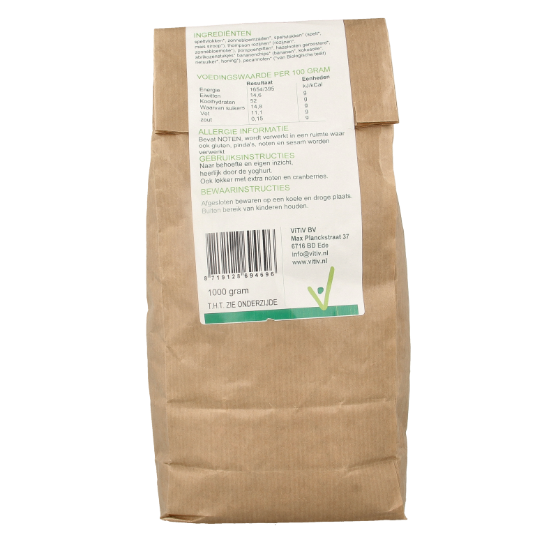 Vitiv organic spelt muesli breakfast cereal in a 1kg package, showing the product's natural grain texture and packaging.