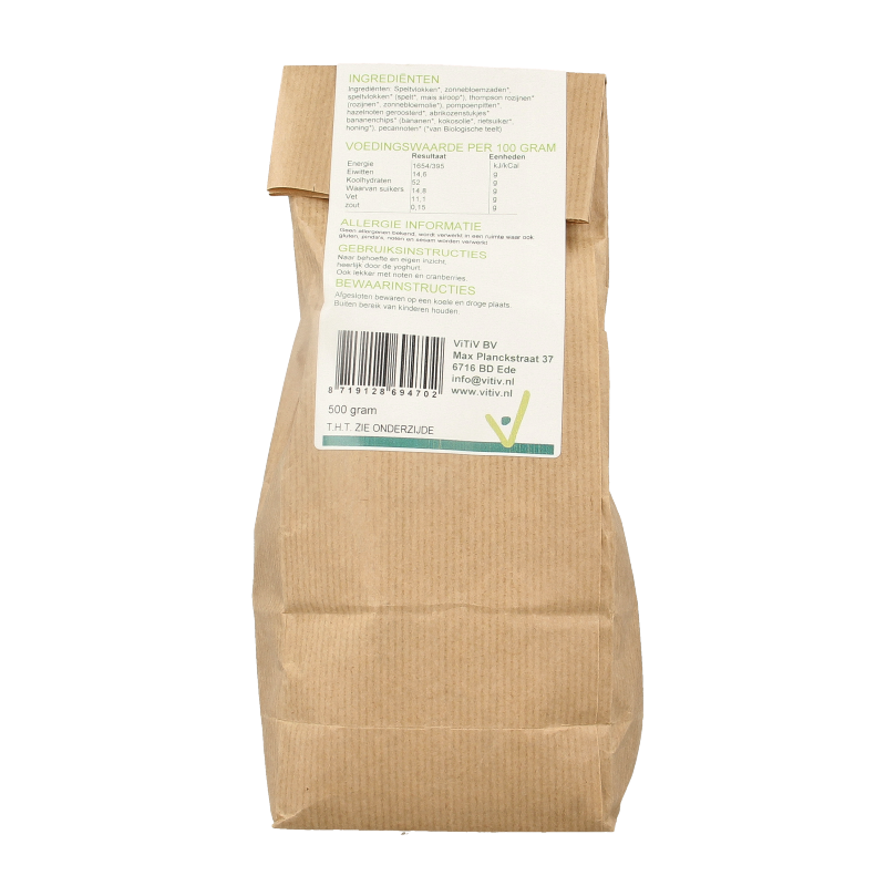 Vitiv organic spelt muesli in a 500g package, natural breakfast grains with visible spelt flakes and dried fruits.