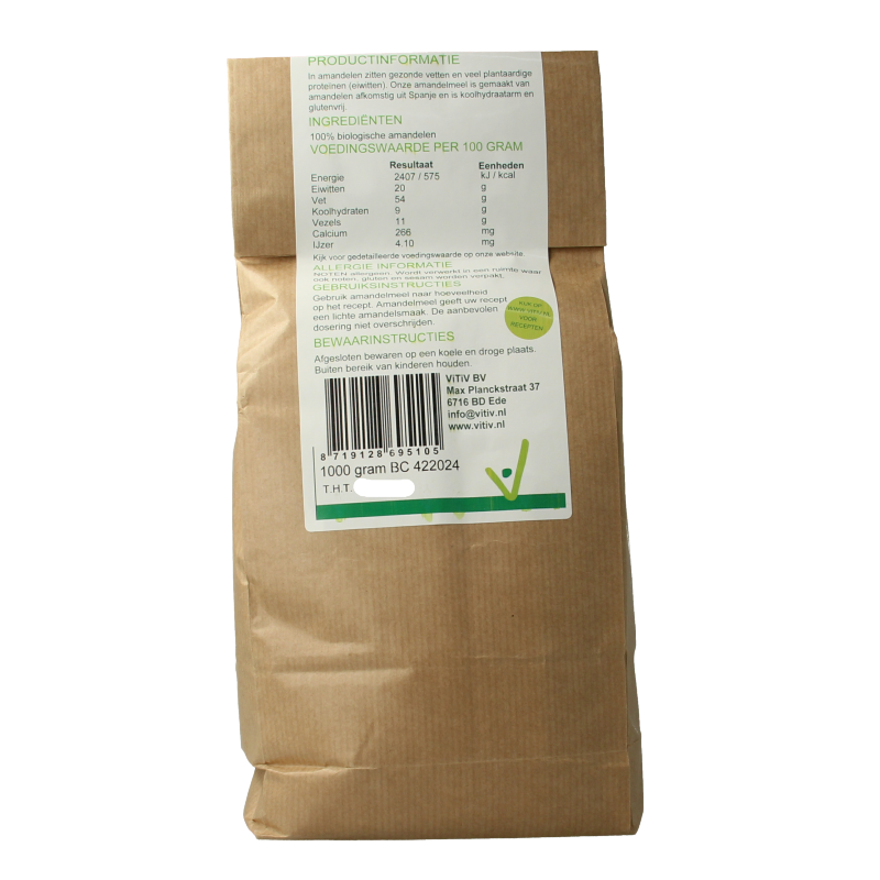 Organic almond flour from Vitiv, 1 kilogram, showing fine, light-colored almond meal in a natural, health-focused packaging.