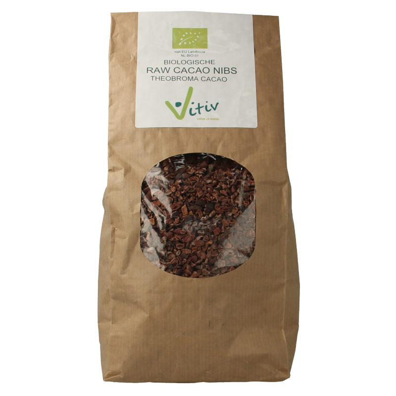 Vitiv organic cacao nibs in a 1kg bag, raw superfood product with cacao beans visible in the image.