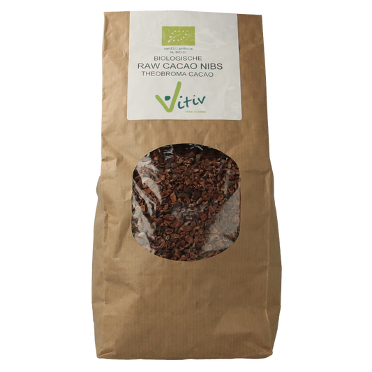 Vitiv organic cacao nibs in a 1kg bag, raw superfood product with cacao beans visible in the image.
