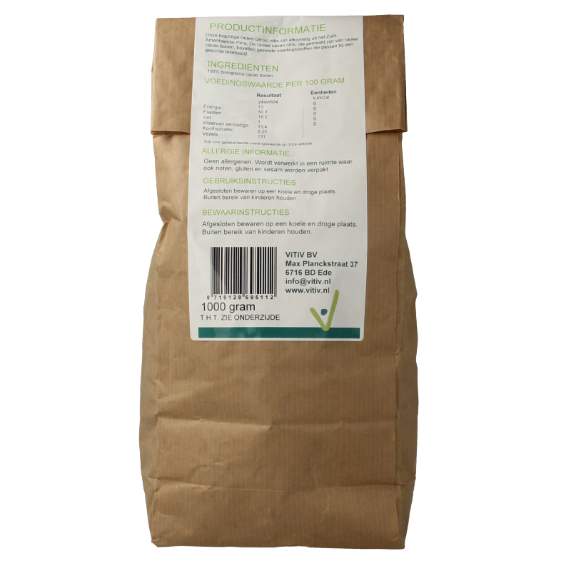 Vitiv Cacao Nibs Bio, 1kg, raw superfood image showing dark, crunchy cacao nibs in a natural, organic packaging.