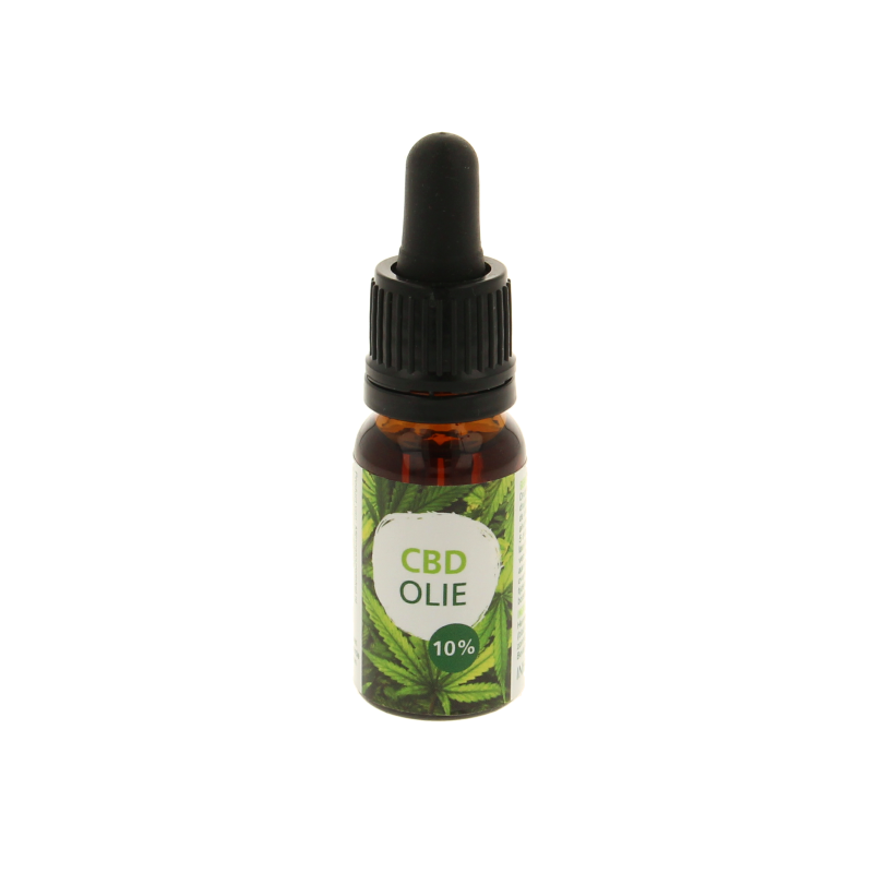 CBD olie 10% van MijnNatuurwinkel in een 10 ml fles, kruidenpreparaat met oogstrelende groene verpakking en doseerspipet.