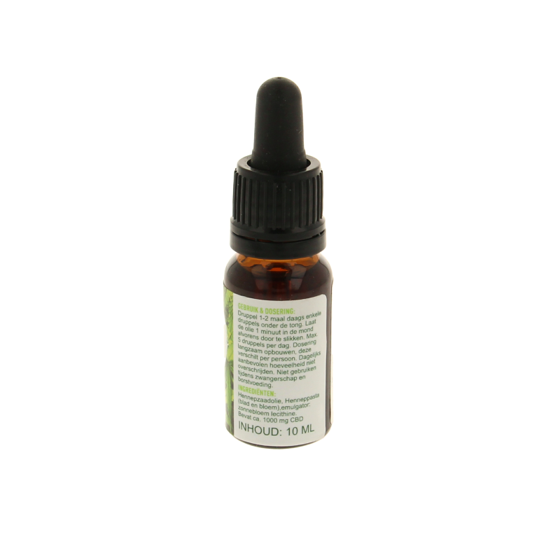 MijnNatuurwinkel CBD olie 10% in 10ml bottle, herbal supplement with natural CBD extract, displayed in a clear container.