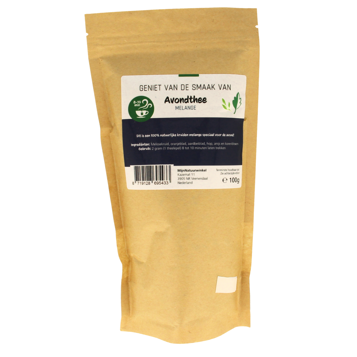 MijnNatuurwinkel Avond thee 100g in a clear glass jar with a label, showcasing the herbal tea blend for relaxing evenings.