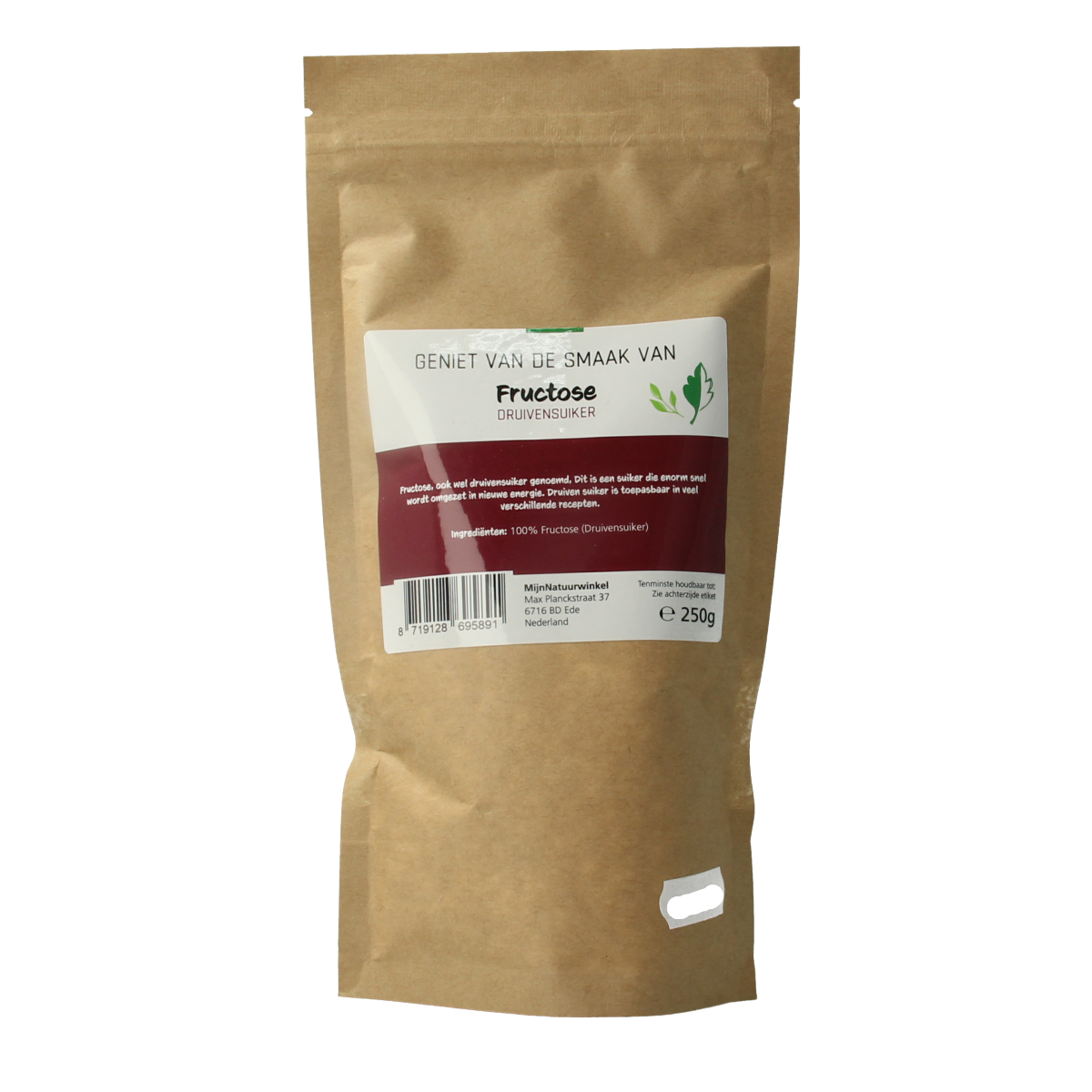 MijnNatuurwinkel Fructose druivensuiker 250g, natuurlijke zoetstof in een plastic verpakking, geschikt voor koken en bakken.