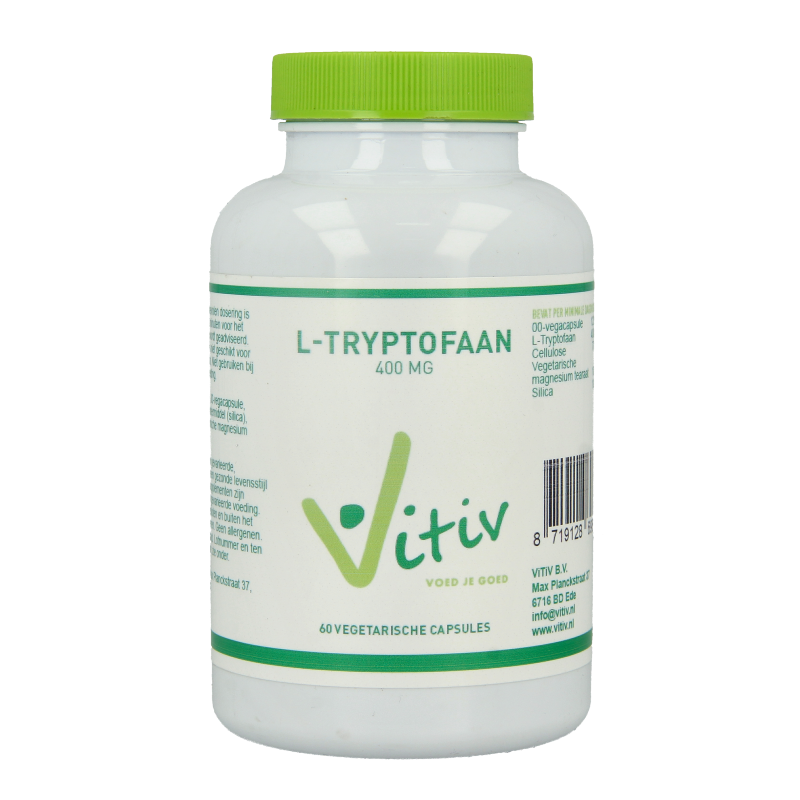 Vitiv L-Tryptofaan vegetarian capsules, amino acid supplement, showing 60 capsules in a clear container with label details.