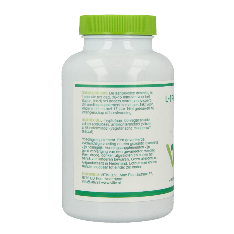 Vitiv L-Tryptofaan vegetarian capsules, dietary amino acids supplement, with 60 capsules for supporting mood and sleep.
