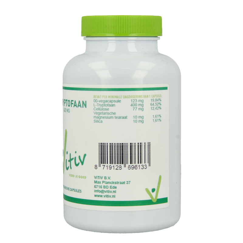 Vitiv L-Tryptofaan vegetarian capsules, dietary amino acids supplement, shown in a white bottle with a label.