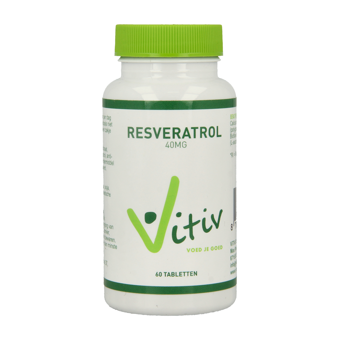 Vitiv Resveratrol 40mg herbal supplement tablets, 60-count, showing the product packaging and tablets in blister packaging.