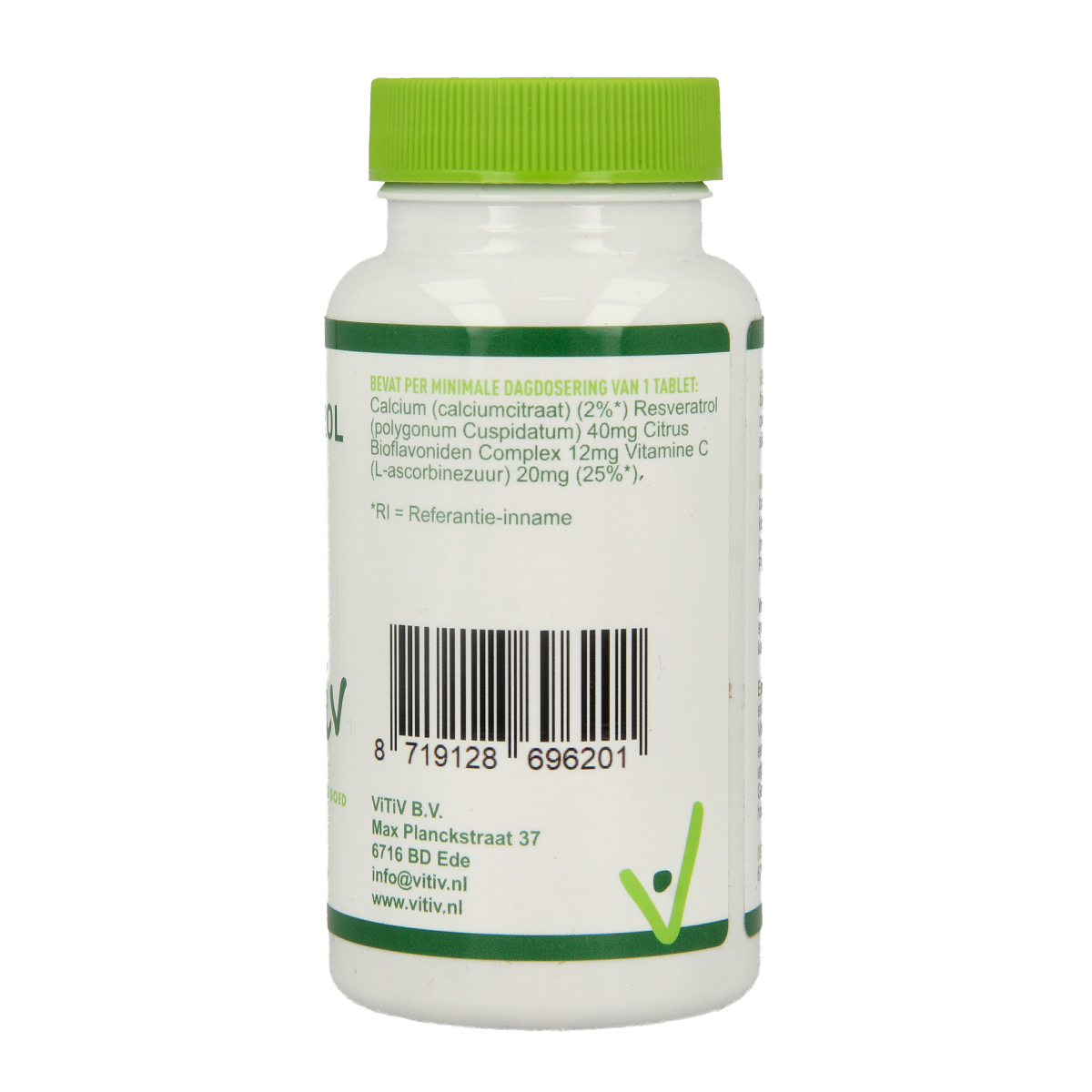 Vitiv Resveratrol 40mg supplement in a bottle of 60 tablets, herbal supplement from Vitiv, with a close-up of the product packaging.