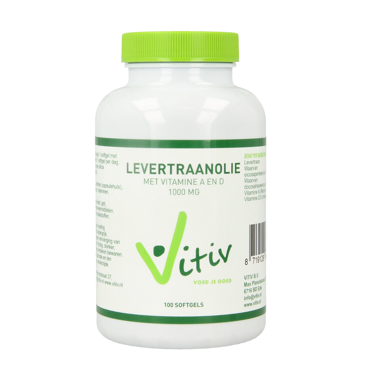 Vitiv Levertraanolie softgels with 1000mg vitamin A and D, supplement in a clear bottle with softgel capsules visible.