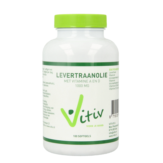 Vitiv Levertraanolie softgels with 1000mg vitamin A and D, supplement in a clear bottle with softgel capsules visible.