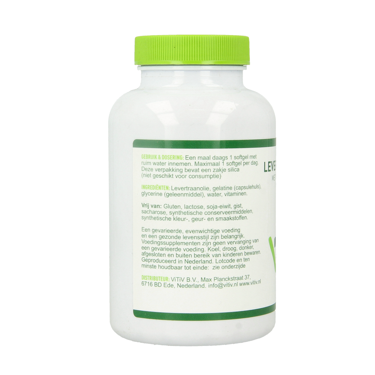 Vitiv Levertraanolie softgels with 1000mg vitamin A and D, dietary supplement, packaged in a bottle with softgel capsules.