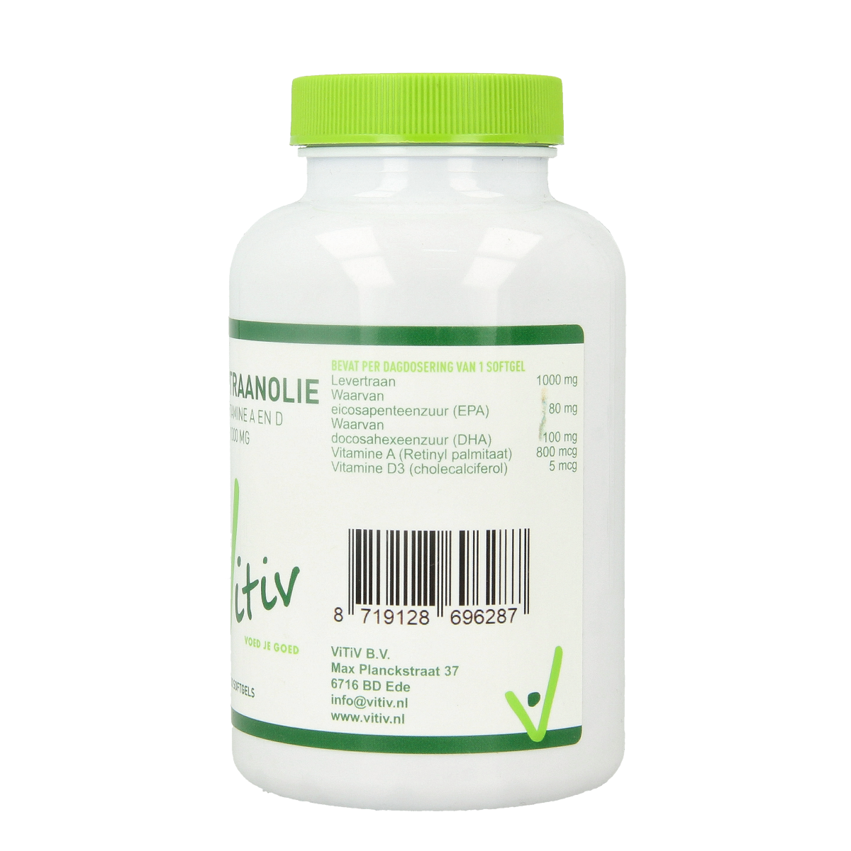Vitiv Levertraanolie softgels with 1000mg vitamin A and D, dietary supplement in softgel form.