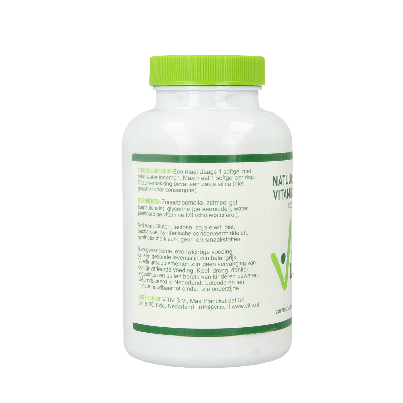 Vitiv Vitamine D3 1000IU 25mcg softgels, vegan vitamin supplement in a bottle showing softgel capsules.