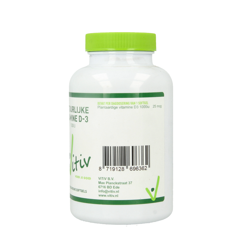 Vitiv Vitamin D3 1000IU softgels, vegan vitamin supplement in a bottle with 240 softgels, shown in the image.