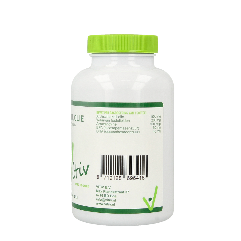 Vitiv Krillolie 500mg Antarctic softgels, Vetzuren supplement, close-up of a bottle of 100 softgels with label details.